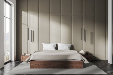 Bej ev yatak odası, yatak odası, dekorasyonlu komodin, gri ahşap döşemeli halı. Kırsal kesimde panoramik pencereli bir uyku odası. 3B görüntüleme