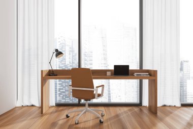 Beyaz duvarları, ahşap zemini, üzerinde dizüstü bilgisayarı ve panoramik pencerenin yanında duran bej koltuğu olan modern ofis. 3d oluşturma