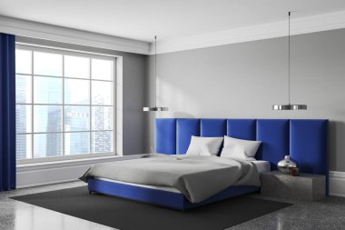 Mavi ve beyaz yatak odası iç yatak odası ve komodin, beton zeminde yan manzara halısı. Gökdelenlerde uyuyan köşe ve panoramik pencere. Boş duvarı taklit et. 3B görüntüleme