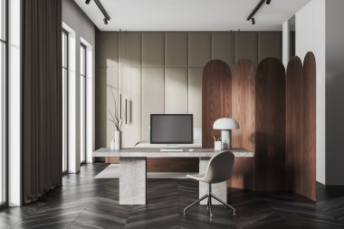 Konforlu yatak odası, çalışma odası, masa ve bilgisayar monitörü, gri ahşap döşemeli halı. Lüks dinlenme odası, pencereli ve bölmeli uyku alanı. 3B görüntüleme