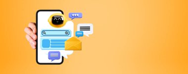 Yapay zeka robotu ve sarı fotokopi arkaplanı üzerinde konuşma baloncukları olan akıllı telefonu tutan adamın eli. Makine öğrenme ve robot asistanı sohbeti kavramı