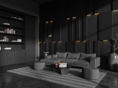 Koyu renk oturma odası manzarası kanepe ve dekorasyonlu kahve masası, siyah ahşap raf ve gri beton zeminde halı. 3B görüntüleme