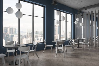 Beyaz sandalyeli, yuvarlak masalı, kenar manzaralı gri beton zeminli şık bir kafeterya. Cafe yemek köşesinde bölme ve lambalar, Kuala Lumpur 'da panoramik pencere. 3B görüntüleme