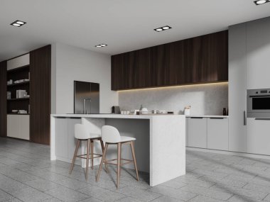 Modern mutfağın köşesinde beyaz duvarlar, fayanslı zemin, lavabo ve fırında yapılmış gri dolaplar, ahşap dolaplar, büyük buzdolabı ve tabureli samimi ada. 3d oluşturma