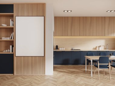 Beyaz ve ahşap duvarları, ahşap zemin, mavi dolaplar, ahşap dolaplar, sandalyeli yemek masası ve dikey maket posterli şık bir mutfak. 3d oluşturma