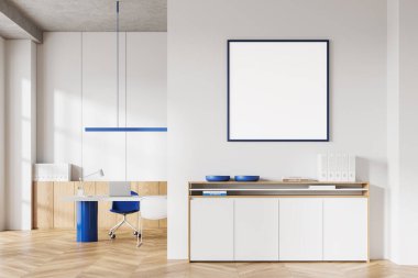 Masada dizüstü bilgisayarı olan rahat bir ofis, dekorasyon ve klasörlü büfe, sert ahşap zemin. Bölüme kare tuval posteri yap. 3B görüntüleme