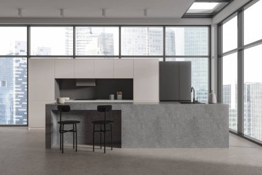 Taş bar adası, tabure ve beton zemini olan açık bir ev mutfağı. Dolabı ve buzdolabı olan modern yemek odası, Singapur 'da panoramik pencere. 3B görüntüleme