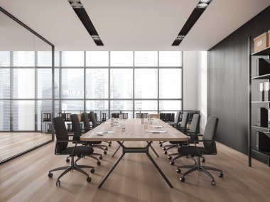 Beyaz ve koyu renkli ahşap duvarları, ahşap zemini, gri sandalyeli uzun konferans masası ve klasörlü kitaplığı olan şık ofis toplantı odası. 3d oluşturma