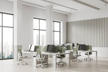 Ofis içi koltuklar ve yan görüntüdeki bilgisayarlarla birlikte çalışıyor. Kuala Lumpur gökdelenlerinde yeşil koltukları ve panoramik pencereleri olan şık bir çalışma köşesi. 3B görüntüleme