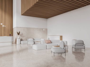 Konforlu ofis resepsiyonu lobisi koltuk, sehpa, bej granit döşeme. Girişteki köşede bekle ve rahatla. 3B görüntüleme