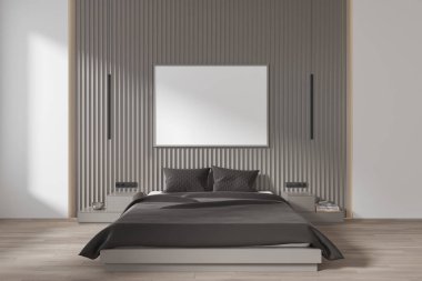 Otel odasının içinde yatak odası, paneller dekoratif komodin, ahşap döşeme. İçinde fotokopi odası posteri olan bir uyku odası. 3B görüntüleme