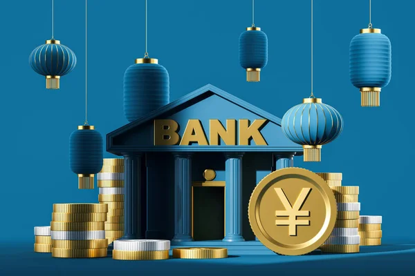 Banca Desene Animate Albastre Felinare Agățate Rând Monede Mari Aur — Fotografie, imagine de stoc