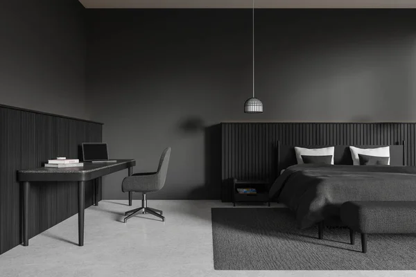 Donkere Slaapkamer Interieur Bed Werkruimte Met Stoel Laptop Tapijt Grijze — Stockfoto