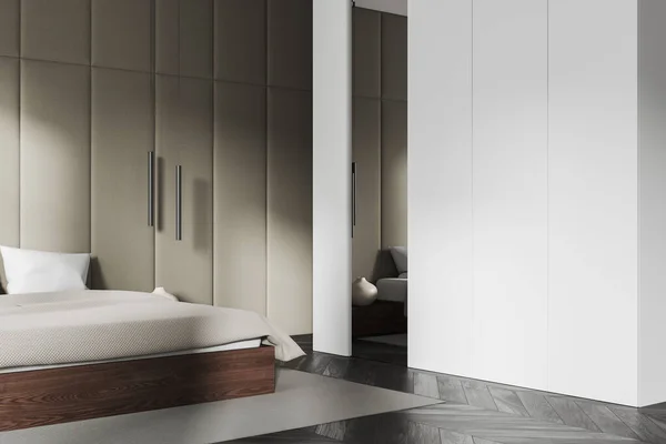 Wit Beige Hotel Slaapkamer Interieur Met Bed Kast Met Spiegel — Stockfoto