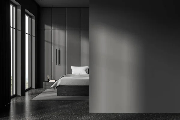 Grey Hotel Bedroom Interior Bed Nightstand Carpet Grey Concrete Floor — Stock Photo, Image