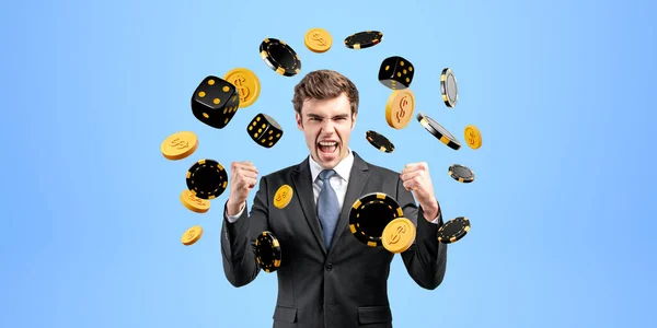 Happy Businessman Arms Raised Looking Camera Falling Dollar Coins Dice — Stock Photo, Image
