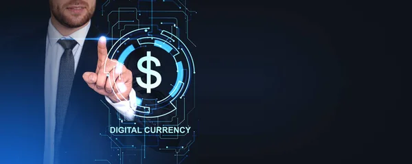 Obchodník Prst Dotýká Zářící Digitální Dolar Měny Znamení Virtuální Obrazovka — Stock fotografie