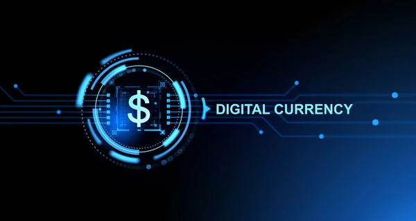 Digital currency dollar sign and abstract circuit board, electronic money and cyber banking. Concept of blockchain and cryptocurrency. 3D rendering illustration