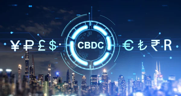 Stock image New York skyscrapers, central bank digital currency with diverse glowing money icons in row. Concept of blockchain, business innovation, trade exchange and world economy