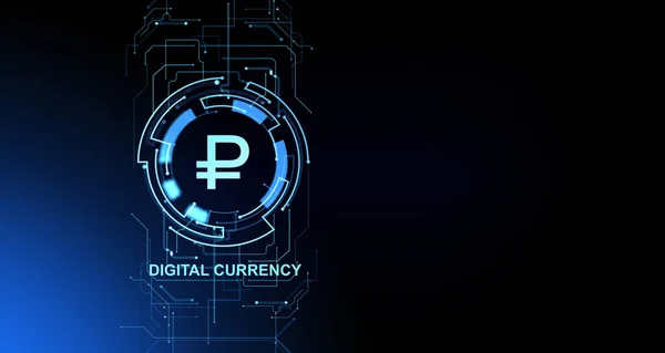 サーキットボード デジタル通貨 ブロックチェーンの抽象的な背景で輝くルーブルシンボル 電子マネー ブロックチェーン 仮想通貨の概念 3Dレンダリングイラスト — ストック写真