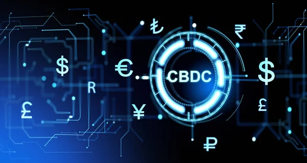 Central bank digital currency with diverse glowing money symbols, abstract circuit board background. Concept of blockchain, electronic money and payment. 3D rendering illustration