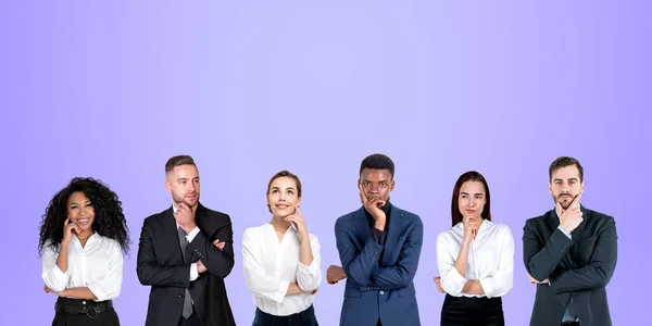 Group Portrait Six Pensive Diverse Business People Thinking Standing Row — Stock Photo, Image