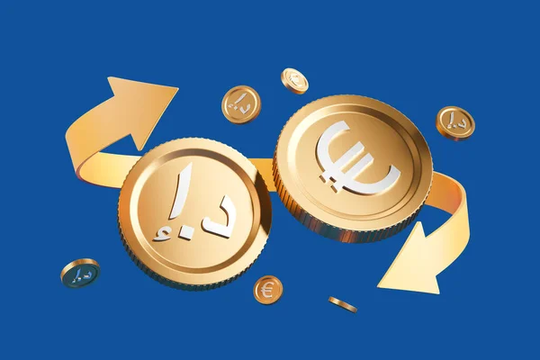 Большие Монеты Евро Дирхам Синем Фоне Стрелкой Концепция Дирхама Обменного — стоковое фото
