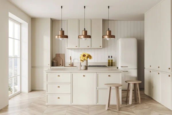 Luxury Beige Home Kitchen Interior Stone Bar Island Stool Hardwood — Stock Photo, Image