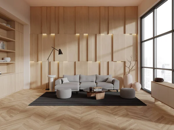 Interiér Moderního Obývacího Pokoje Bílými Dřevěnými Stěnami Dřevěnou Podlahou Pohodlnou — Stock fotografie