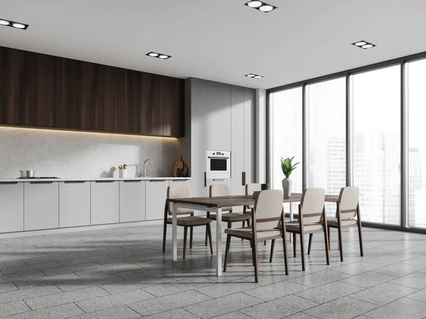Cozinha Moderna Casa Interior Com Mesa Jantar Assentos Vista Lateral — Fotografia de Stock