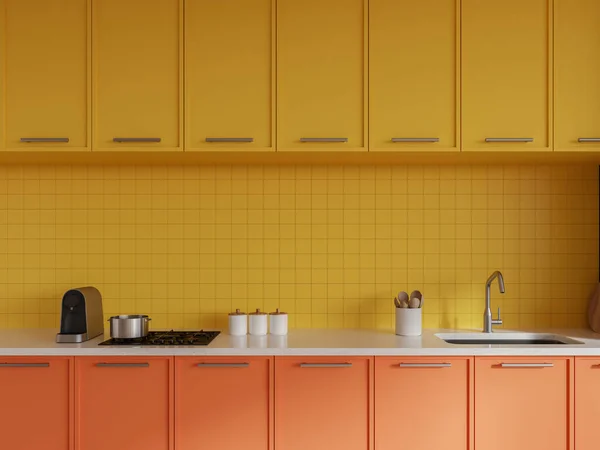 Жовтий Помаранчевий Інтер Домашньої Кухні Раковиною Плитою Мінімальним Посудом Кавоваркою — стокове фото
