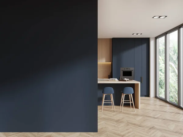 Stylish Home Kitchen Interior Bar Island Cabinet Kitchenware Blue Wooden — Stock Photo, Image