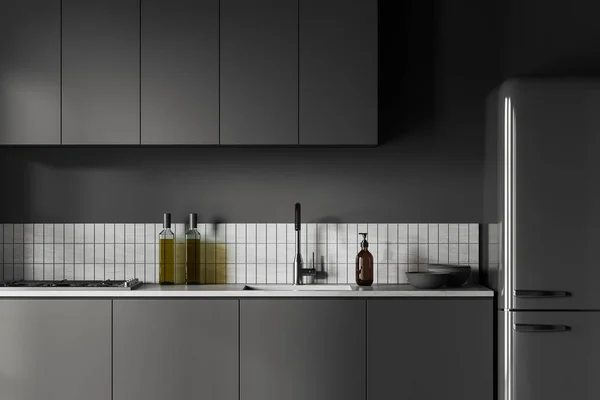 Dark Home Kitchen Interior Sink Stove Refrigerator Shelves Kitchenware Countertop — Stock Photo, Image