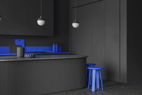 Black and blue home kitchen interior with stone bar counter, side view stool on grey concrete floor. Cooking corner with kitchenware and shelves with stove. 3D rendering