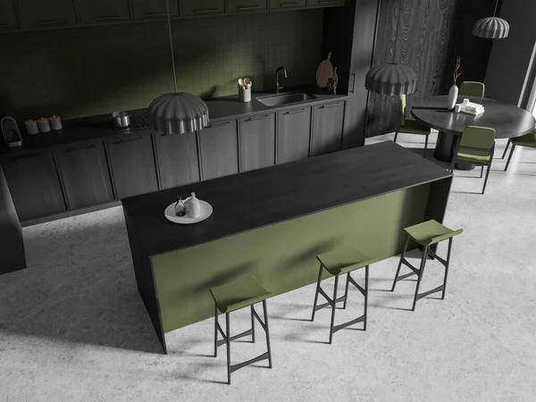 Bovenaanzicht Van Groene Grijze Keuken Interieur Bar Teller Kruk Eettafel — Stockfoto