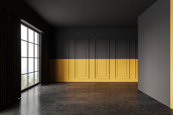 Black and yellow classical empty room interior with grey concrete floor, molding wall and panoramic window on countryside. No furniture, no people. 3D rendering