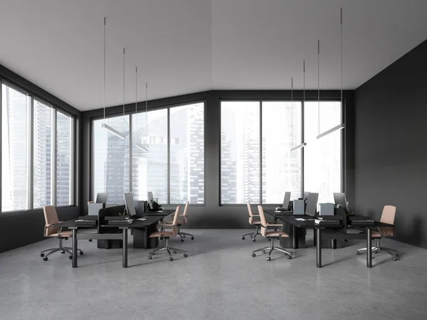 Dark Coworking Interior Armchairs Monitors Row Grey Concrete Floor Industrial — Stock Photo, Image