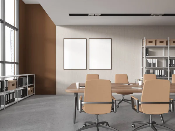Interior Moderna Sala Reuniões Escritório Com Paredes Castanhas Madeira Piso — Fotografia de Stock