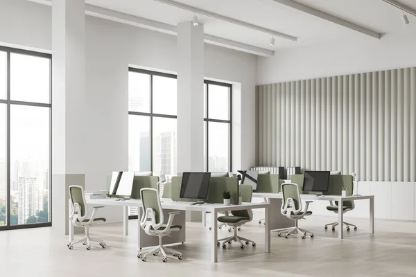 Office Coworking Interior Armchairs Computers Row Side View Stylish Work — Stock Photo, Image