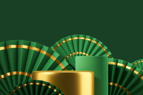 Две Золотые Зеленые Платформы Бумажными Вентиляторами Пустое Пространство Копирования Подиум — стоковое фото