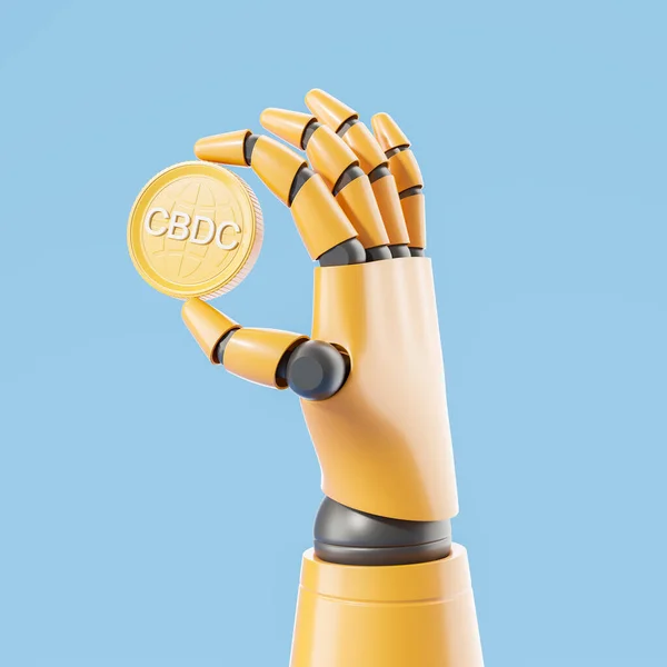 Cartoon character robot hand showing a CBDC coin, central bank digital currency on blue background. Concept of futuristic technology, cryptocurrency and electronic money. 3D rendering illustration