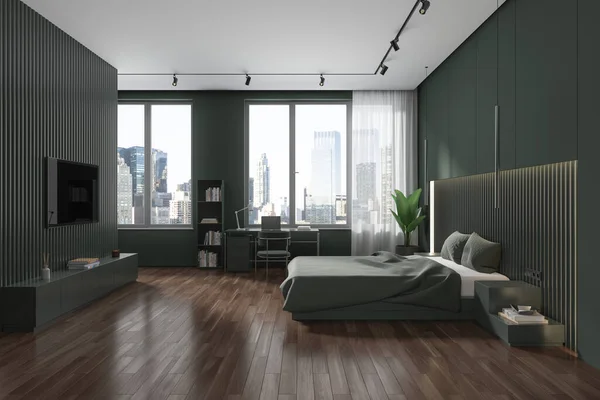 Interior Elegante Dormitorio Con Paredes Verdes Suelo Madera Oscura Cómoda —  Fotos de Stock