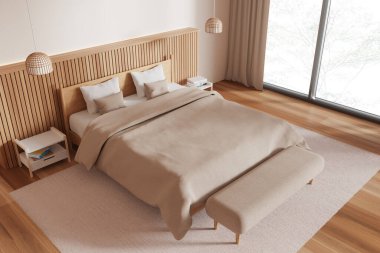 Modern yatak odası, bej duvarlar, ahşap zemin, iki komodinli rahat kral yatağı ve tropikal manzaralı panoramik pencere. 3d oluşturma