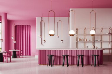 Beyaz ve pembe duvarlı modern kafenin içi, taş zemin, tabureli rahat pembe bar tezgahı ve sandalyeli yuvarlak masalar. 3d oluşturma