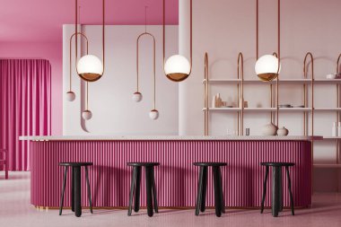 Modern barın içinde pembe tezgah, sıra sıra tabure ve beton zemin var. Tabaklar ve şişelerle dolu altın bir raf. Minimalist mobilyaları olan parlak bir kafe. 3B görüntüleme