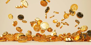 Bej arkaplana yağan altın dirhem madeni paralar, yığınla para. Yatırım kavramı, Birleşik Arap Emirlikleri, ödeme ve zenginlik. 3B resimleme