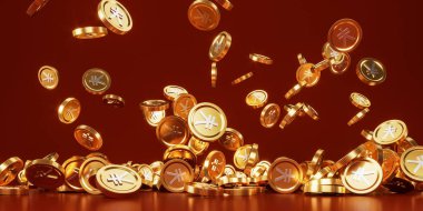 Kırmızı arka plana düşen altın yuan sikkeleri. Çin ekonomisi, Asya tatili, indirim veya iş yatırımı kavramı. 3B resimleme