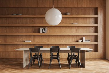 Konferans salonu koltuklar, taş masa, ahşap döşeme. Kitaplar ve dekorlarla dolu büyük ahşap raflarla toplantı ya da danışma alanı. 3B görüntüleme