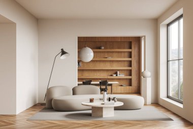 Sıcak bej ofis odası içi rahat ve konferans salonu, sehpası olan kanepe bölmenin arkasında toplantı masası, ahşap zeminde halı. Kırsal kesimde panoramik pencere. 3B görüntüleme