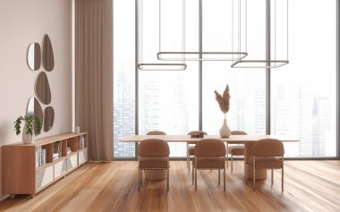 Zarif bir oturma odası masa ve sandalyeler, sanat dekorasyonu ve aynası olan büfe, ahşap zemin. Singapur gökdelenlerinin panoramik penceresi. 3B görüntüleme